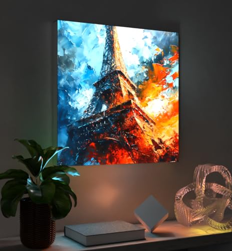 MyMaxxi - Pixlip Poster Eiffelturm in Paris Wandbild Design Wand Dekoration, Gemälde Mehrfarbig Leuchtrahmen - Eiffelturm, 60x60 cm, Rahmen: Leuchtrahmen inkl. Druck