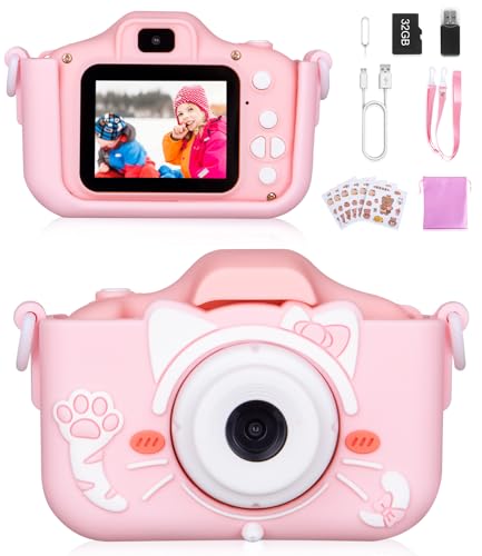 Kinderkamera, 2.0-Zoll-Bildschirm Digitalkamera Kinder,1080P HD Anti-Drop Fotoapparat Kinder,Selfie Digital Video Kamera mit Dual Lens 32GB SD-Karte,Geschenke für 3-12 Jahre Jungen und mädchen