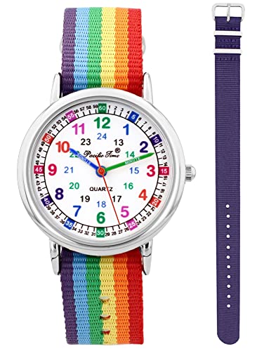 Pacific Time Kinder Armbanduhr Mädchen Jungen Lernuhr sehr gut ablesbar Wechsel Textilarmband Regenbogen + violett analog Quarz 12902