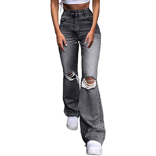 MFFACAI Damen Schlaghose Y2K Mode High Waist Bootcut Pant Weite Bein Boyfriend Stretch Skinny Jeans Hosen Vintage Leopard Jeanshose Schlagjeans Streetwear (Color : Gray, Size : XL)