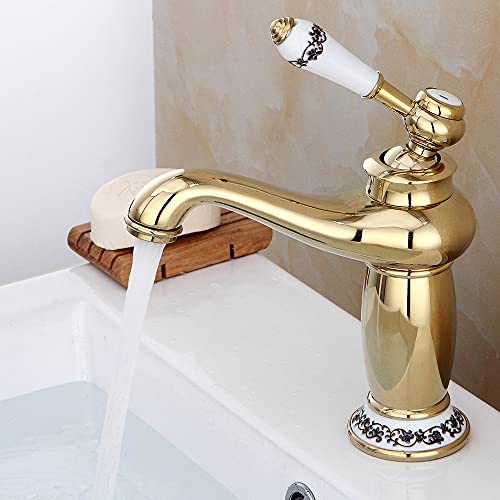 Retro Wasserhahn Gold Bad Waschtischarmatur Messing,Einhebelmischer Waschbecken Armatur 14 * 13 * 20CM mit Wasserleitung und Montageteilen. Waschtischarmatur Bad