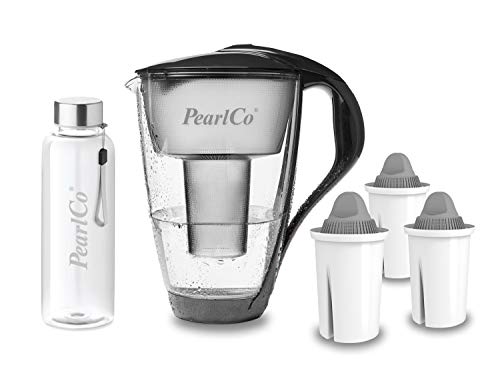 PearlCo - Glas-Wasserfilter (anthrazit) mit 3 Protect+ classic Filterkartuschen (f. hartes Wasser) + 1 Trinkflasche aus Glas