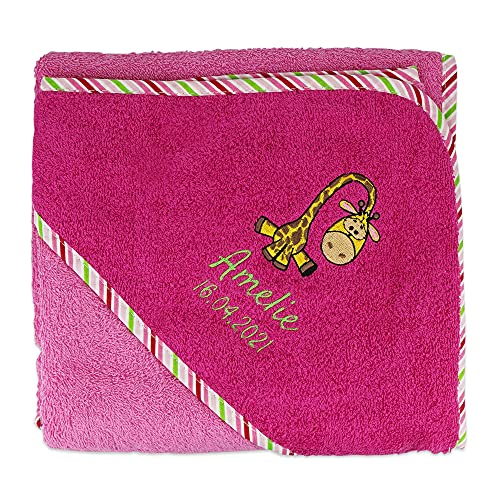 Wolimbo Kapuzenbadetuch mit Ihrem Wunsch-Namen und Wunsch-Motiv - Format: 80x80cm - Farbe: pink Rand gestreift - Das individuelle und kuschelig weiche Badehandtuch für Mädchen und Jungs
