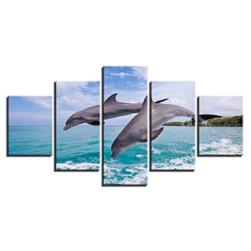 Laimi 5-TLG Zwei Delfine springen aus dem Meerwasser Set Keilrahmen-Malen-Canvas zum Aquarellfarbe Ölfarbe Acrylfarbe malen-Leinwand auf Keilrahmen aus Holz Säurefreie Baumwolle Leinwand