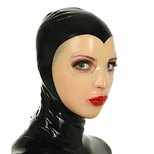 ERNZI Sexy Latex Haube Gummi Maske Schwarz Mit Transparenten Handgemachten Offenen Augen Mund Halloween Cosplay Kostüme Für Männer Frauen,Schwarz,S