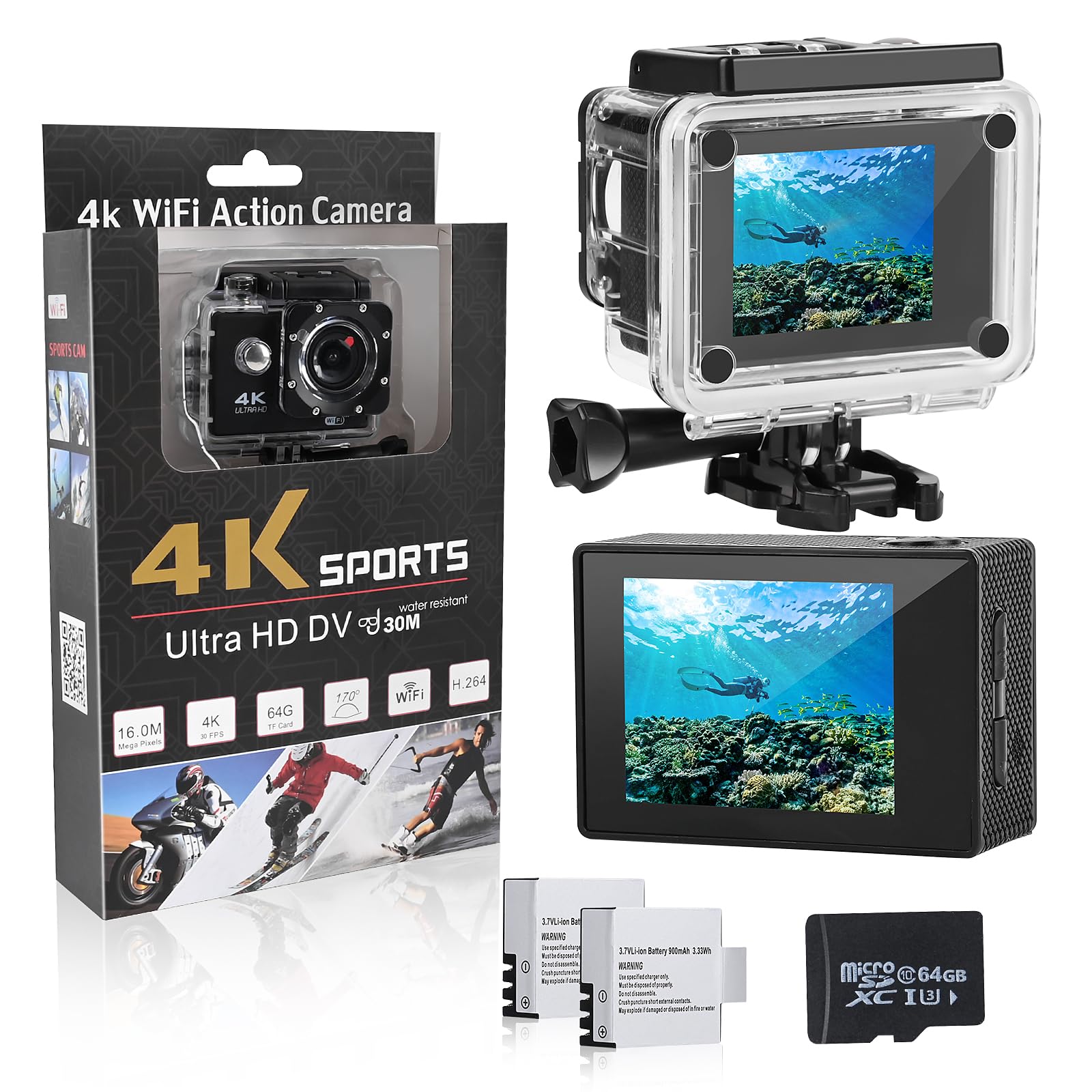 Comius Sharp Action Cam 4K30fps Unterwasserkamera WiFi Kamera, 16MP HD 170°FOV mit EIS Helmkamera, Wasserdicht Kamera mit 2 Akkus, 64G SD Karte und Helmhalterung Zubehör Kits