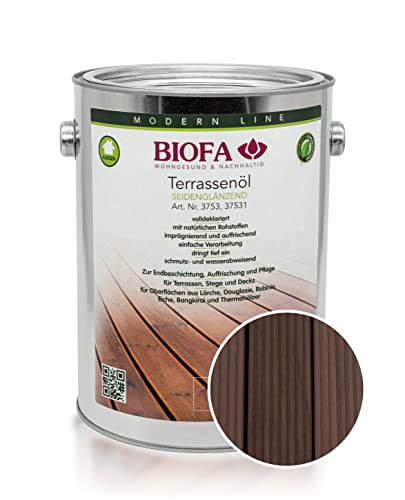 BIOFA Terrassenöl farbig 37531 Pflegeöl für Holzterrassen und Terrassen-Dielen aus Holz – Öl aus natürlichen Rohstoffen - Außenbereich (2,5L, Mooreiche)