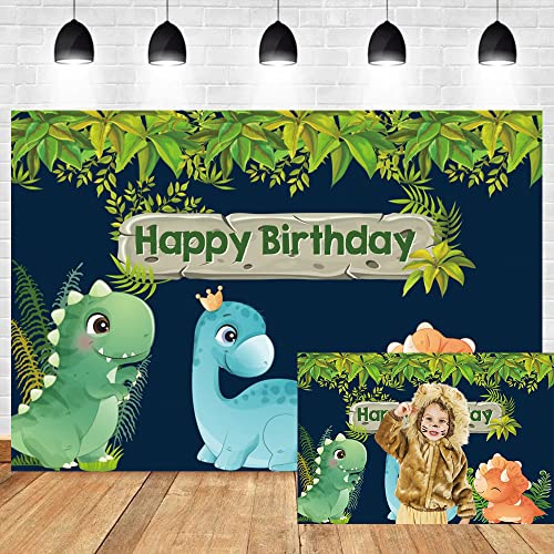 DORCEV Dinosaurier-Hintergrund "Happy Birthday", Cartoon-Dinosaurier-Thema für Neugeborene, Babyparty, Kindergeburtstag, Party, Banner, Hintergrund, tropische Dschungelpflanzen, Fotografie, Vinyl,