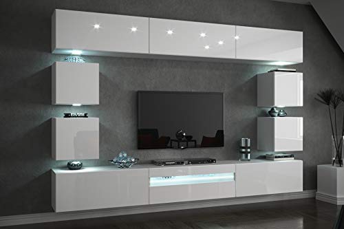 FURNITECH Future C81 Wohnzimmer Wandschrank Mediawand mit Led Beleuchtung Schrankwand Wohnwand Möbel (C81-HG-W2 1B (273 cm), LED weiß)