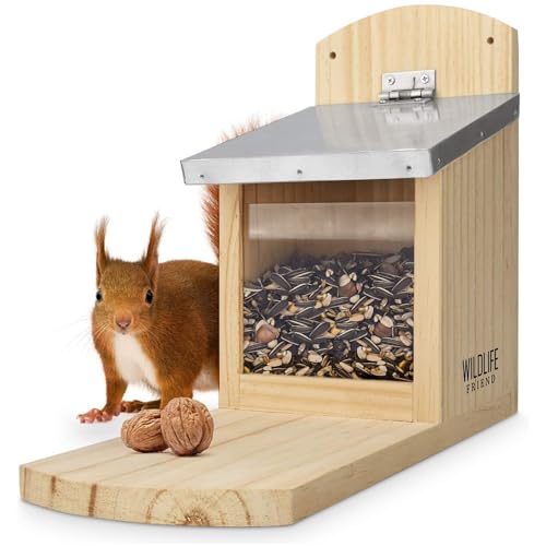 WILDLIFE FRIEND I Eichhörnchen Futterhaus Maxi extra groß und stabil aus Massivholz mit Metall-Dach - Wetterfest, Futterstation zum Eichhörnchen füttern, Eichhörnchenfutterhaus