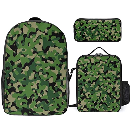 FJAUOQ Fashion Camo Pattern Backpack Set,3 PCS,Backpack Kit of Lunch Bag,Pencil Case,Large Capacity, Modisches Camouflage-Muster, Einheitsgröße, Rucksack Rucksäcke