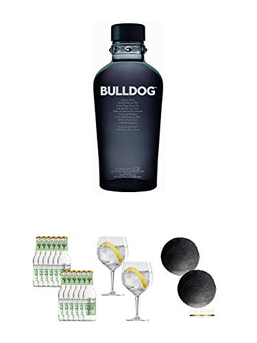 Bulldog London Gin 0,7 Liter + Fever Tree Elderflower Tonic Water 12 x 0,2 Liter + Spiegelau Gin & Tonic 4390179 2 Gläser + Schiefer Glasuntersetzer RUND ca. 2 x 9,5 cm Durchmesser