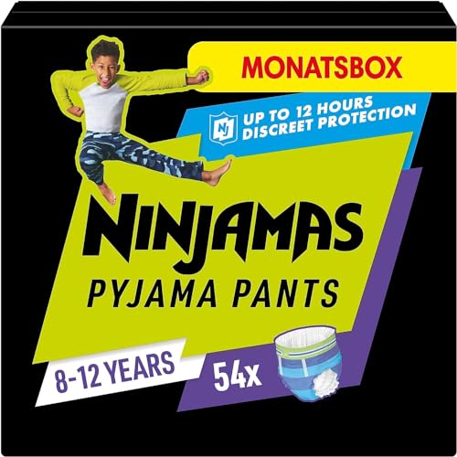 Ninjamas Nachthöschen / Höschenwindeln für Jungs (27-43kg), 54 Pyjama Höschen, 8-12 Jahre, MONATSBOX, absorbierende Windelhöschen, Auslaufschutz für die ganze Nacht