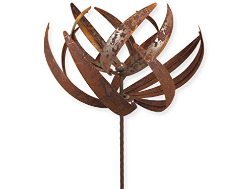 Metall Windrad 'Lotus' - massives Windspiel Windmühle für den Garten - wetterfest und standfest - mit besten Kugellagern - aus Vollmetall mit Edelrost-Patina – Höhe 221 cm