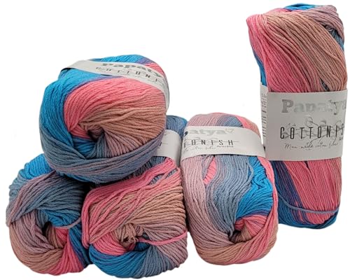 5 x 100 Gramm Papatya Cottonish Antipilling Wolle mit Farbverlauf, 500 Gramm Strickwolle mit Anti-Pilling Effekt Mehrfarbig (blau flieder rosa apricot 05)