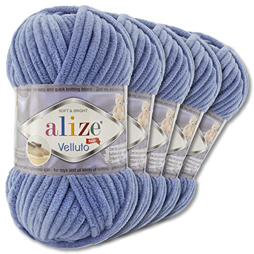 Wohnkult Alize 5x100 g Velluto Premium Wolle 30 Auswahl Chenillegarn Samtwolle Amigurumi Decken Accessore Kleidung DIY (374 | Denim)