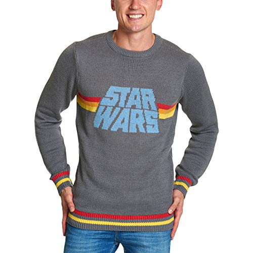 Elbenwald Star Wars Strick Pullover Vintage Retro Logo Frontmotiv für Herren grau - M