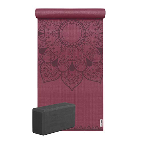 Yogistar Yoga-Set Starter Edition - Harmonic Mandala (Yogamatte + 1 Yogablock) 183 x 61 x 0.4 cm, Bordeaux, anthrazit