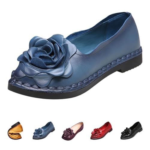 Frauen Casual Ballett Flache Schuhe Vintage Handgemachte Folk Leder Blume Weichen Boden Mode Casual Dating Flache Loafer (Color : Blue, Size : 37)