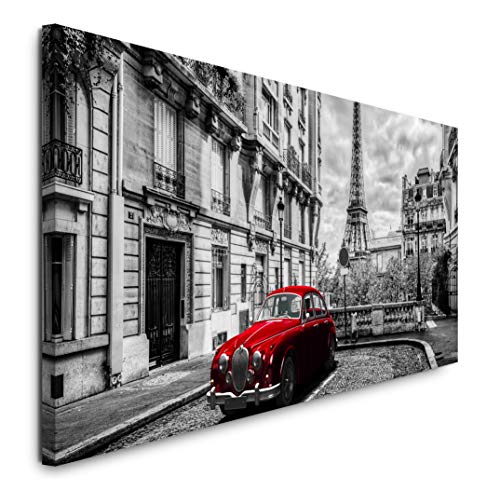 Paul Sinus Art GmbH Retro rotes Auto in Paris 120x 50cm Panorama Leinwand Bild XXL Format Wandbilder Wohnzimmer Wohnung Deko Kunstdrucke