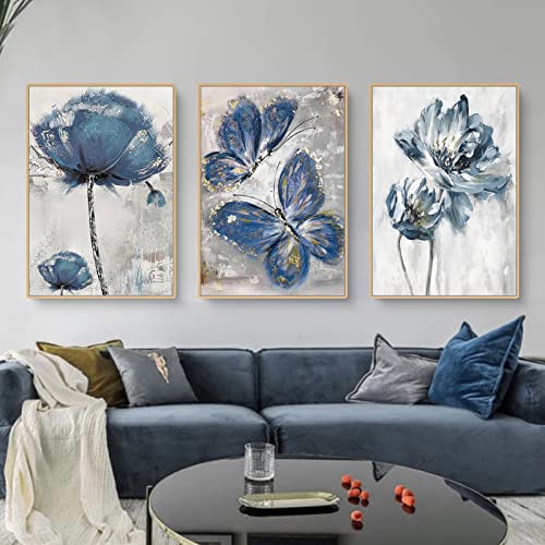 EXQUILEG 3-teiliges Premium Poster Set, Blau Aesthetic Blume Schmetterling Leinwand Kunstposter Ohne Rahmen Moderne Wandbilder für Wohnzimmer Deko (50 x 70 cm)