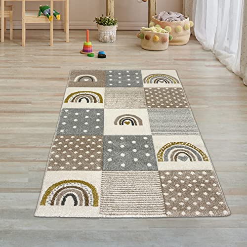 Teppich-Traum Kinderzimmer Teppich Spielteppich Regenbogen Punkte Herzchen beige grau Creme Größe 80x150 cm
