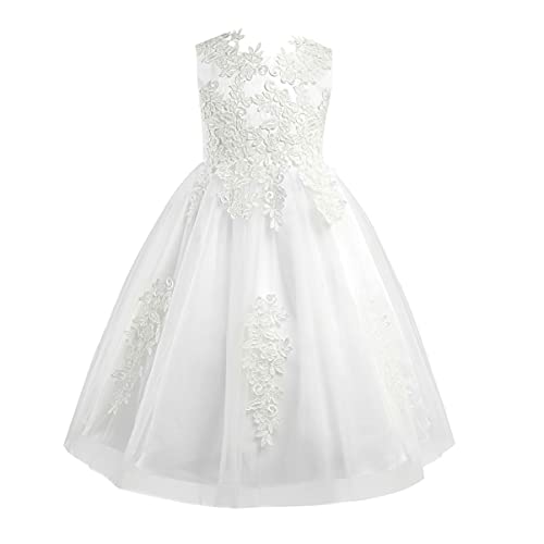CHICTRY Mädchen Festlich Kleid Hochzeits Festzug Kleid Prinzessin Blumenmädchenkleid Tüll Kleidung Weiß Kommunionkleid Gr. 98 110 116 128 140 Elfenbein 140