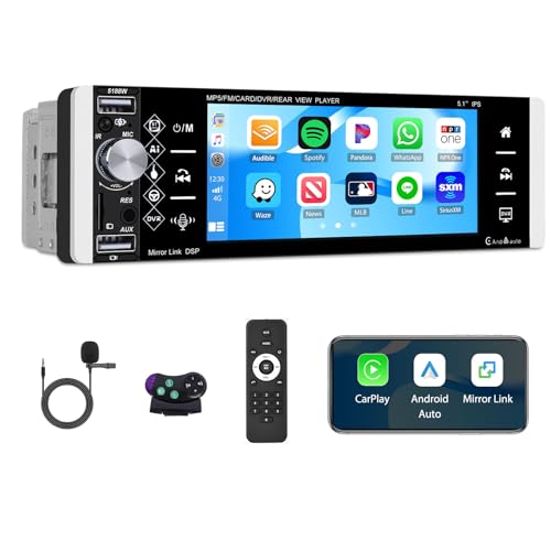 Autoradio Single Din mit Carplay Android Auto, Bluetooth Radio mit 5,1 Zoll IPS Touchscreen mit Mirror Link Mikrofon/AUX/FM/AM/RDS Lenkradfernbedienung Halterung Rückfahrkamera