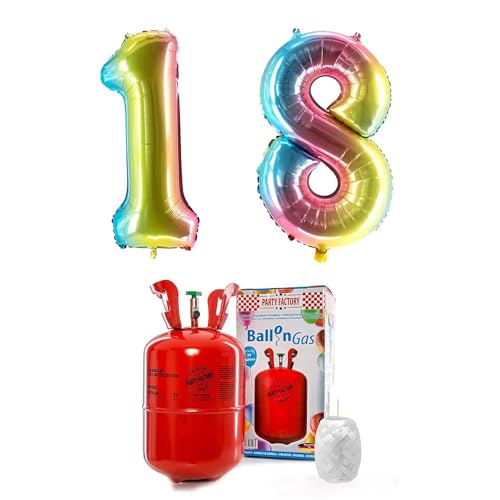 PARTY FACTORY Helium Set "18" mit XXL Zahlenballons, Ballongas und Ballonschnur - für Geburtstag, Jubiläum, Jahrestag; Gold, Silber, Schwarz, Pink, Rosa, Rosagold, Bunt (Regenbogen)