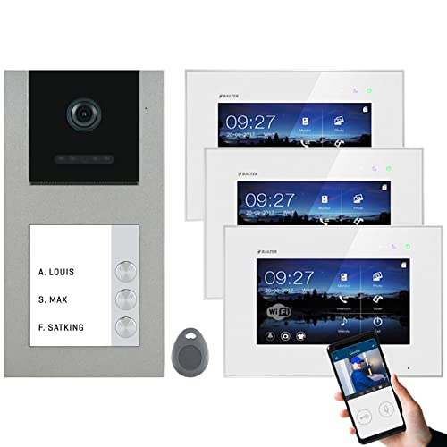 Balter EVO Silver Video Türsprechanlage Aufputz ✓ 7 Zoll Touchscreen WiFi Monitor ✓ 2-Draht Bus mit RFID ✓ Set für 3 Familienhaus Türklingel ✓ 120° Weitwinkel Kamera