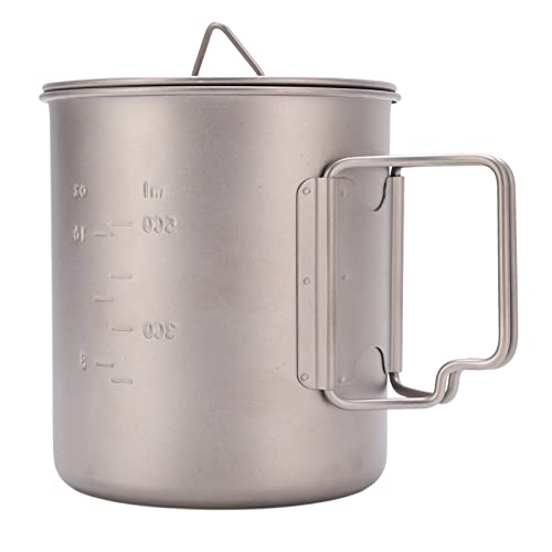 FOUF Titan-Becher, 750 Ml, Outdoor-Wand-Isolierbecher, Campingbecher mit Klappbaren Griffen und Deckel, Edelstahl-Design, Tragbarer Camping-Titan-Topf für Outdoor-Camping, Wandern, Rucksackreisen