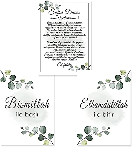 Leinwand Wandkunst 3 Stück 50x70cm rahmenlos Sofra Duasi Alhamdulillah in Green Leaf Poster Bild Zimmer Dekoration Malerei HD Druckbild