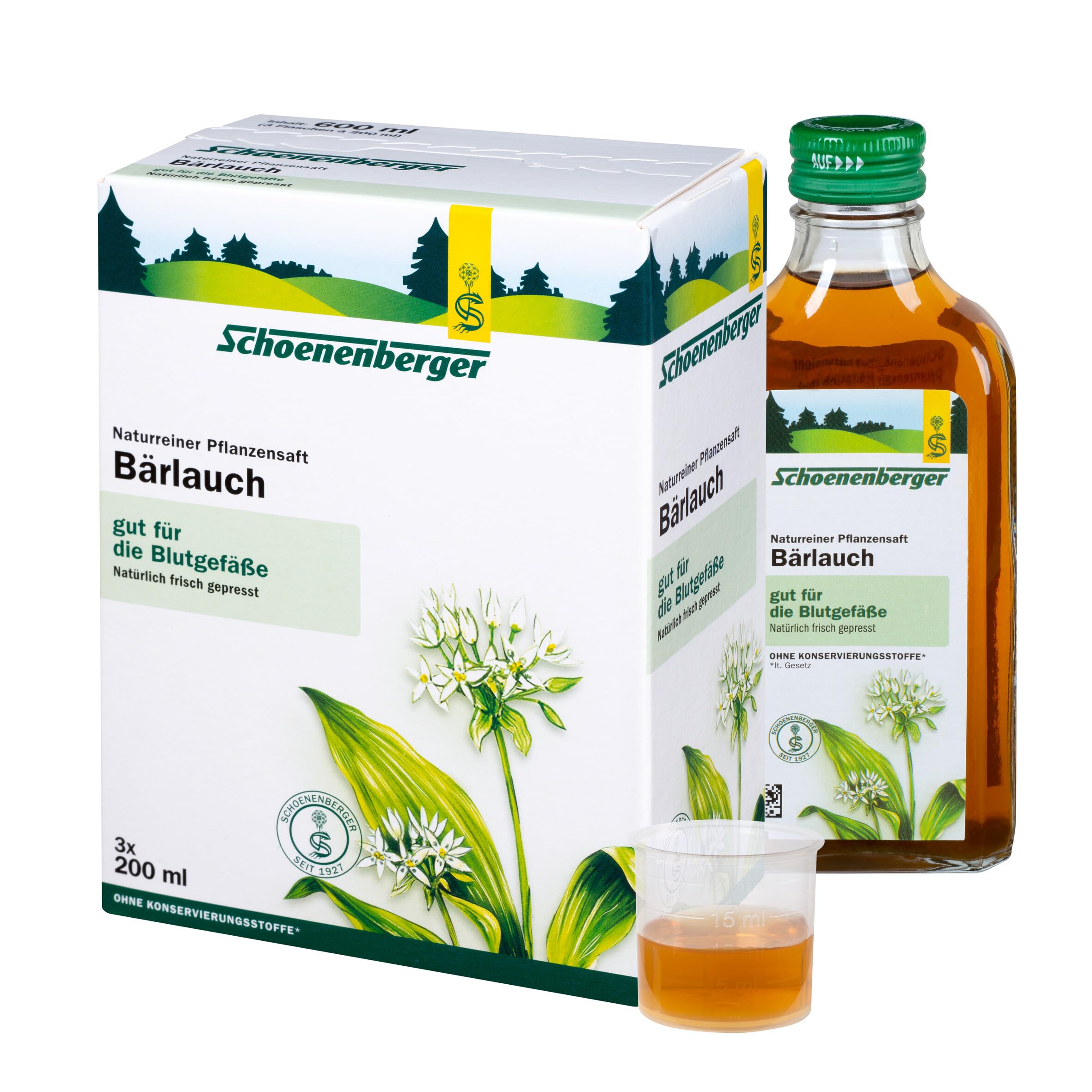 Schoenenberger - Bärlauch naturreiner Pflanzensaft - 3x 200 ml (600 ml) Glasflaschen - gut für die Blutgefäße - natürlich frisch gepresst - bio