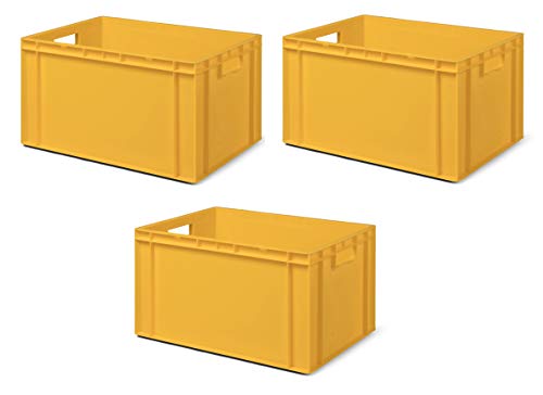 3 Stk. Transport-Stapelkasten TK632-0, gelb, 600x400x320 mm (LxBxH), aus PP, Volumen: 61 Liter, Traglast: 60 kg, lebensmittelecht, made in Germany, Industriequalität