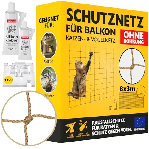 Katzennetz für Balkon Ohne Bohren Set 8x3M, Vogelabwehr Sicherheitsnetz für Fenster, Balkon, Katze, Starker Balkonnetz Vogelschutznetz Volierennetz