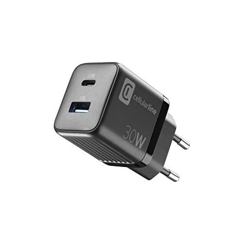 Cellularline | Multipower Micro Netzladegerät | Super Fast Charger 30W mit 2 USB-C-Anschlüssen - ausgestattet mit Gan-Technologie - Kompatibel mit Smartphones, iPhone, Tablets, iPad und MacBook