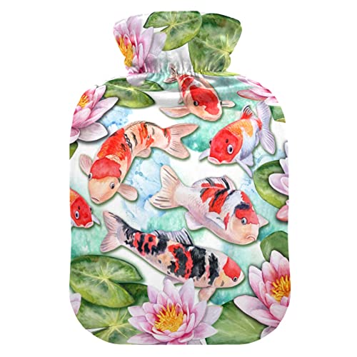 YOUJUNER Wärmflasche mit japanischem Karpfen Fisch Blumenüberzug 2 Liter großer Wärmbeutel Warm Komfort Handfüße Wärmer