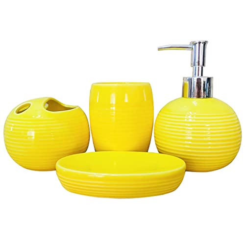 Badezimmer-Zubehör-Set, 4-teilig, gelbes Keramik-Badezimmer-Dekor-Zubehör-Set mit Zahnbürstenhalter, Lotionspender, Seifenschale, Tasse