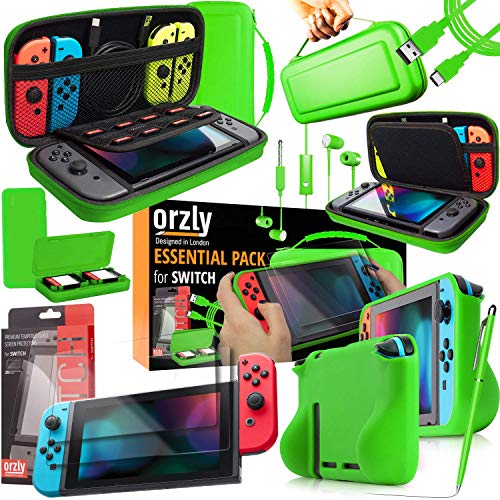 Orzly Switch Accesoires, Zubehör für Nintendo Switch (Panzerglas Schutzfolien, USB Ladekabel, Konsole Tragetasche, Spiele Patronenhülse, Comfort Grip Case, Kopfhörer)-GRÜN
