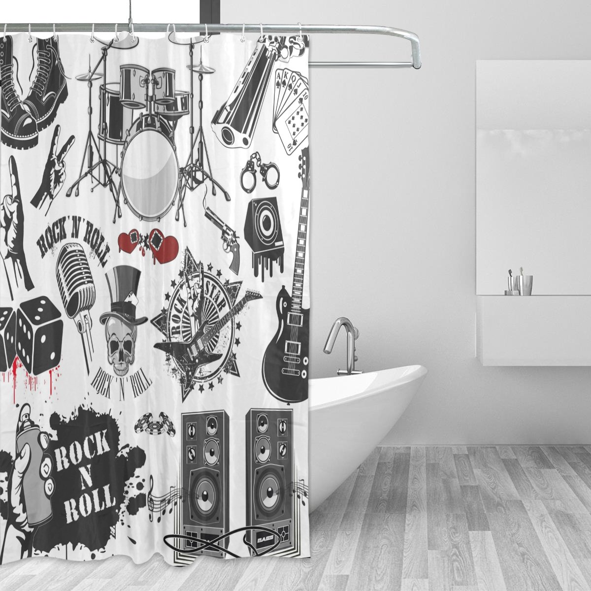 COOSUN Symbole Rock and Roll-Duschvorhang Set Polyester-Gewebe Wasserabweisend Badezimmer Duschvorhang Set Hauptdekoration mit Haken, 72W X 72L Inches 72x72 Unisex