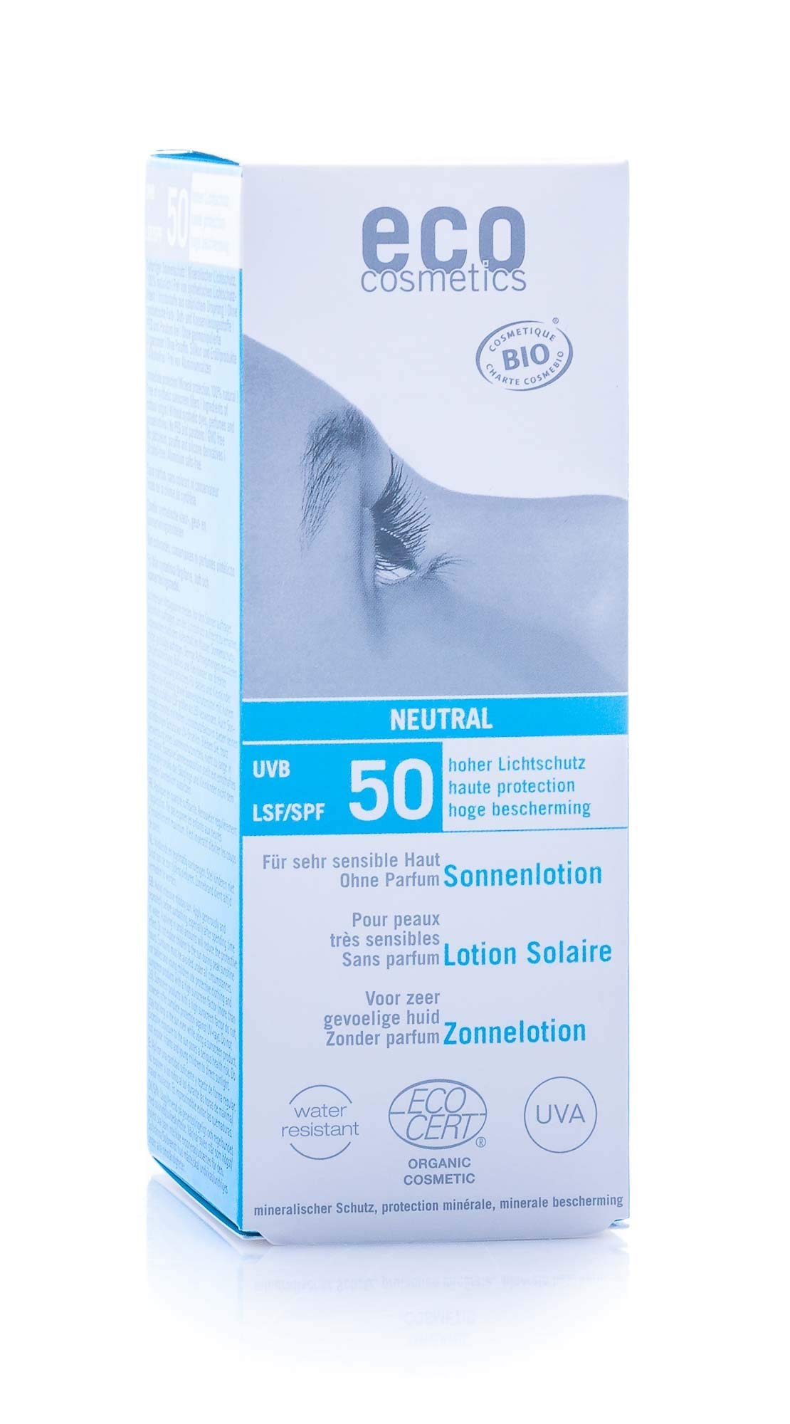 eco cosmetics eco Sonnenlotion neutral LSF50+, wasserfest, vegan, ohne Mikroplastik, Naturkosmetik für Gesicht und Körper, 1 x 100 ml