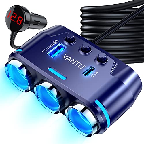 YANTU Zigarettenanzünder-Adapter, 3 Steckdosen, mit Spannungsanzeige, LED, Kfz-Ladegerät, Dual USB, Ein/Aus-Schalter, 12 V, Adapter, Auto-Splitter, Dashcam (blau)