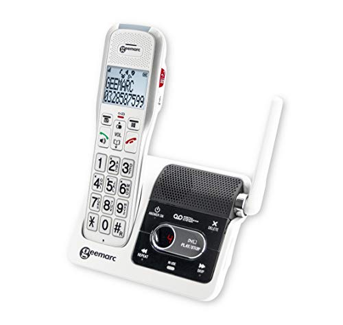 Geemarc 595 U.L.E Schnurloses Telefon analog Anrufbeantworter, Wahlwiederholung, Freisprechen Beleuchtetes Display Weiß