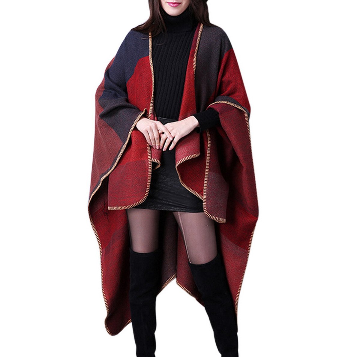 Aivtalk Damen Einfarbig Warm Poncho Cape Umhang Schal für Herbst Winter - Elegant und Chic - Rot 130x150cm