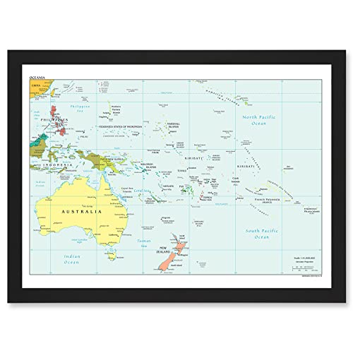 Map Of Oceania Australia New Zealand Melanesia Micronesia Polynesia Artwork Framed A3 Wall Art Print Karte Ozean Australien Neuseeland Mikronesien Mauer