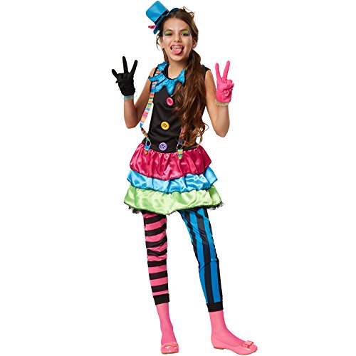 dressforfun 900336 - Mädchenkostüm Crazy New Wave Clown, schrill-buntes Einteiler-Kleid aus Elastik-Jersey, inkl. Hütchen und Handschuhe (164 | Nr. 301665)