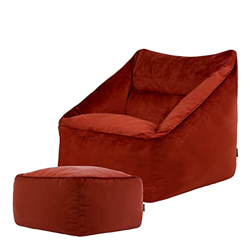 icon Riesen Sitzsack Sessel „Natalia“ mit Hocker, Terrakotta, Plüsch XXL Sitzsack Erwachsene mit Füllung für das Wohnzimmer, Riesensitzsack Sofa XXL