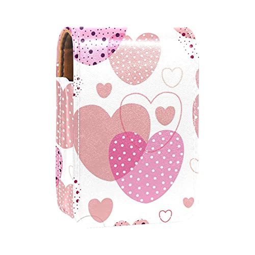 Lippenstift-Etui mit Spiegel Pink Love Loving Heart Lipgloss-Halter Tragbarer Lippenstift-Aufbewahrungsbox Reise-Make-up-Tasche Mini-Kosmetiktasche aus Leder Für 3 Lippenstifte