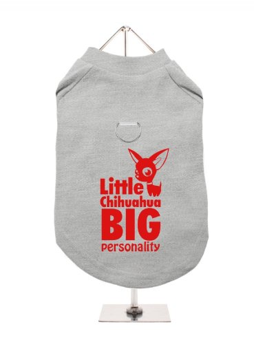 UrbanPup Hunde-Shirt, Motiv "Little Chihuahua, Big Personality", mit Geschirr, Grau / Rot