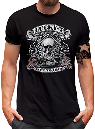 Lucky 7® - LIVE-to-Ride - Herren T-Shirt - Pik Biker Totenkopf Skull Custom Chopper Motorrad - Schwarz, 3XL